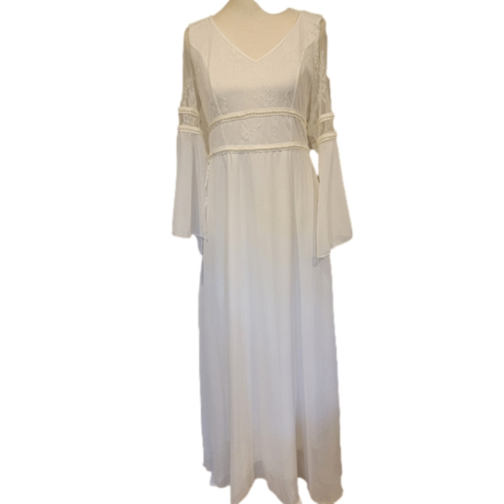 WOMENS Boho Wedding Gown With Lace and Faux Pearl Adornment Size 4